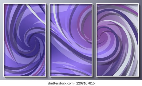 Fractal art triptych. Twisted spiral translucent stripes are randomly located against the background of mixing purple-gray colors. Author's work. Vector.