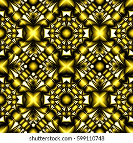 Fractal bright complex diamond-shaped seamless pattern with faceted crystal and gilded elements