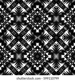 Fractal complex dark diamond-shaped seamless pattern with sharp chrome patterns like arrows and crosses