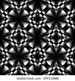 Fractal complex dark diamond-shaped seamless pattern with sharp chrome patterns like arrows and crosses