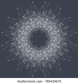 Fractal element with connected line and dots. Virtual background communication or particle compounds. Global network connection. Digital data visualization. Vector illustration