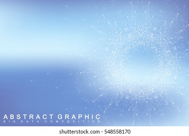 Fractal element with connected lines and dots. Big data complex. Virtual background communication or particle compounds. Digital data visualization, minimal array. Lines plexus. Vector illustration
