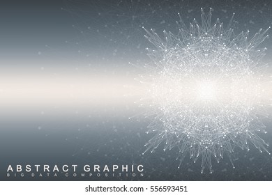 Fractal element with connected lines and dots. Big data complex. Virtual background communication or particle compounds. Digital data visualization, minimal array. Lines plexus. Vector illustration
