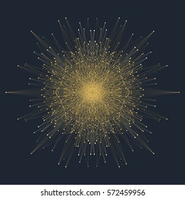 Elemento fractal con líneas y puntos conectados.Gran complejo de datos. Comunicación de fondo virtual o compuestos de partículas. Visualización de datos digitales, arreglo de discos mínimo. Plexo de líneas. Ilustración del vector