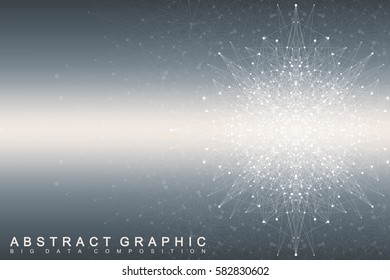 Fractal element with connected lines and dots. Big data complex. Virtual background communication or particle compounds. Digital data visualization, minimal array. Lines plexus. Vector illustration