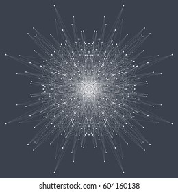 Fractal element with connected lines and dots. Big data complex. Particle compounds. Network connection, lines plexus. Minimalistic chaotic design, vector illustration