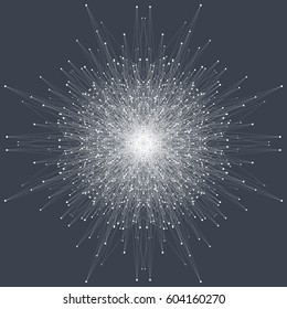 Fractal element with connected lines and dots. Big data complex. Particle compounds. Network connection, lines plexus. Minimalistic chaotic design, vector illustration