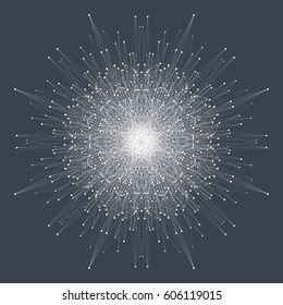 Fractal element with connected lines and dots. Big data complex. Virtual background communication or particle compounds. Digital data visualization, minimal array. Lines plexus. Vector illustration