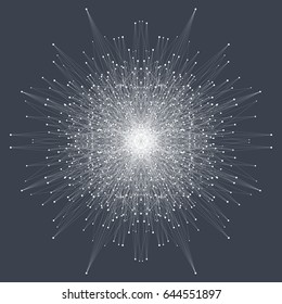 Fractal element with connected lines and dots. Big data complex. Particle compounds. Network connection, lines plexus. Minimalistic chaotic design, vector illustration