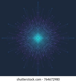 Fractal element with connected lines and dots. Virtual background communication or particle compounds. Minimalist style concentric circle. Digital data visualization. Lines plexus. Vector illustration