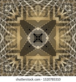 Fractal fantasy abstract vector seamless pattern. Ornamental creative geometric background. Square greek style frame. Radial flowing shapes, wave lines, curves. Modern decorative textured design.