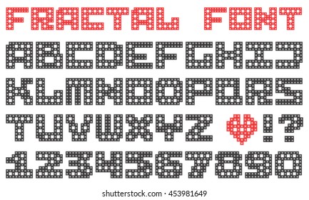 Fractal font. Logo design elements. Sierpinski carpet fractal set of letters and numbers. Alphabet. Vector design, eps10. 