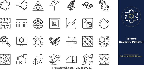 Fractal Geometric chladni Patterns icon set with mathematical shapes and complex line art elements