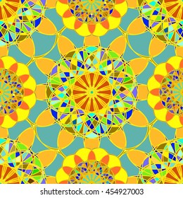 Fractal geometric seamless pattern in orange and blue colors.