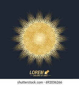 Fractal golden element. Virtual background communication or particle compounds. Digital data visualization, minimal array. Lines plexus. Vector illustration