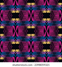 Las líneas y formas fractales iluminan el estilo abstracto y el diseño moderno. Vector de fondo negro ornamental con colores neones fractales. Ornamentos modernos y luminosos. Textura interminable ornamentada.