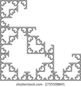 Fraktale Muster auf der Basis des L-Triomino, gebildet von schwarzen Polyominoes auf weißem Hintergrund, mit einer abstrakten geometrischen Struktur, Symmetrie, Einzigartigkeit und Selbstähnlichkeit. Geeignet für mathematische, wissenschaftliche und pädagogische Illustration, Hintergrunddesign, Poster und Dekoration.
