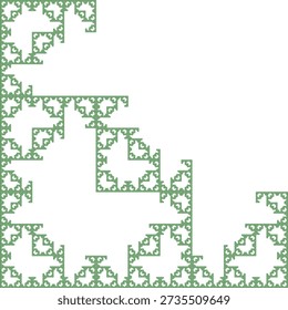 Fractal pattern based on the L-triomino, formed by green polyominoes on a white background, with an abstract geometric structure, symmetry, uniqueness and self-similarity. Suitable for mathematical, scientific and educational illustration, background design, posters and decoration.