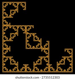 Fractal pattern based on the L-triomino, formed by red polyominoes with yellow edges on a white background, with an abstract geometric structure, symmetry, uniqueness and self-similarity. Suitable for mathematical, scientific and educational illustration, background design, posters and decoration.