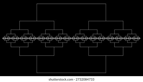 Fractal pattern on a black background, created from white line segments with an abstract geometric structure, symmetry, uniqueness, self-similarity. Suitable for mathematical, scientific and educational illustration, background, poster, decoration.