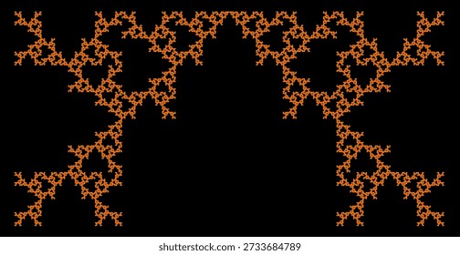 Patrón de Fractal sobre fondo negro con ocho iteraciones, formado por cuadrados rojos, con una estructura geométrica abstracta, simetría, singularidad y autosimilitud. Adecuado para ilustración matemática, científica y educativa, diseño de fondo, carteles y decoración.