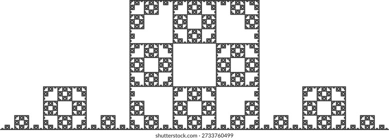 Patrón de Fractal sobre un fondo blanco con cinco iteraciones, formado por triángulos negros, con una estructura geométrica abstracta, simetría, singularidad y autosimilitud. Adecuado para ilustración matemática, científica y educativa, diseño de fondo, carteles y decoración.