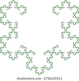 Padrão fractal semelhante a um floco de neve de Koch sobre um fundo branco com sete iterações, formado por pentágonos regulares verdes, apresentando uma estrutura geométrica abstrata, simetria, singularidade e autossimilaridade. Adequado para ilustração matemática, científica e educacional, design de fundo, cartazes e decoração.