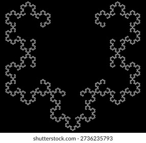 Padrão fractal semelhante a um floco de neve de Koch sobre um fundo preto com sete iterações, formado por pentágonos regulares brancos, apresentando uma estrutura geométrica abstrata, simetria, singularidade e autossimilaridade. Adequado para ilustração matemática, científica e educacional, design de fundo, cartazes e decoração.