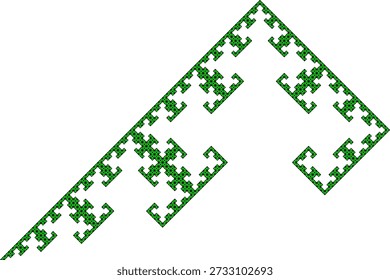 Fractal pattern with seven iterations on a white background, formed by green triangles, with an abstract geometric structure, symmetry, uniqueness and self-similarity. Suitable for mathematical, scientific and educational illustration, background design, posters and decoration.