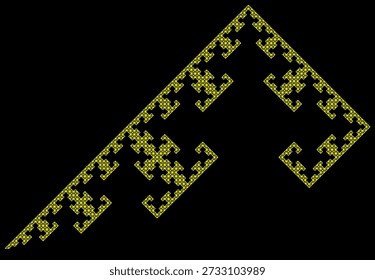 Fractal pattern with seven iterations on a black background, formed by yellow triangles, with an abstract geometric structure, symmetry, uniqueness and self-similarity. Suitable for mathematical, scientific and educational illustration, background design, posters and decoration.