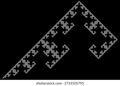 Fractal pattern with seven iterations on a black background, formed by white triangles, with an abstract geometric structure, symmetry, uniqueness and self-similarity. Suitable for mathematical, scientific and educational illustration, background design, posters and decoration.