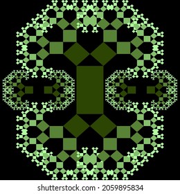 Fractal Pythagoras tree patterns, green ornament composed of small decreasing squares on black background,