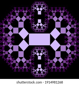 Fractal Pythagoras tree patterns, purple ornament composed of small decreasing squares on black background,, vector design