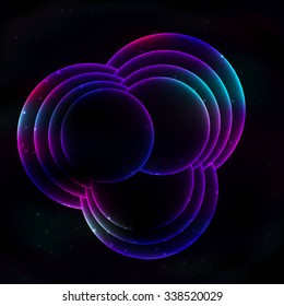 Fractal repeating and growing transparent glowing circles formed in a triangle fractal on a black space retro background.