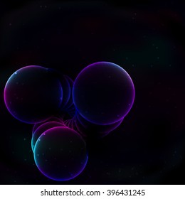 Fractal screwed spiral of bright glowing in the dark soap transparent violet-blue circles on a space retro background.