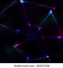 Fractal screwed spiral of increasing the bright glow in the dark soap transparent violet-blue triangles on space retro background.