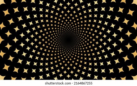Fractal spiral geometric background with mosaic golden stars moving on a black background.