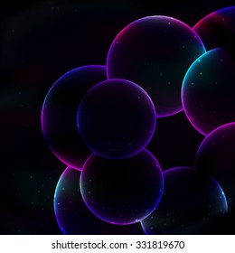 Fractal spun transparent glass glowing circle of many circles less space on retro background. 