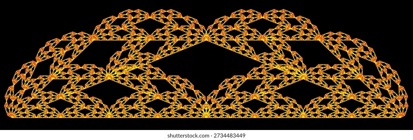 Fractal structure pattern on a black background with seven iterations, formed by red triangle, with an abstract geometric structure, symmetry, uniqueness and self-similarity. Suitable for mathematical, scientific and educational illustration, background design, posters and decoration.