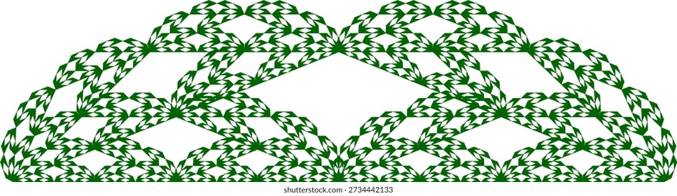 Fractal structure pattern on a white background with seven iterations, formed by green triangles, with an abstract geometric structure, symmetry, uniqueness and self-similarity. Suitable for mathematical, scientific and educational illustration, background design, posters and decoration.