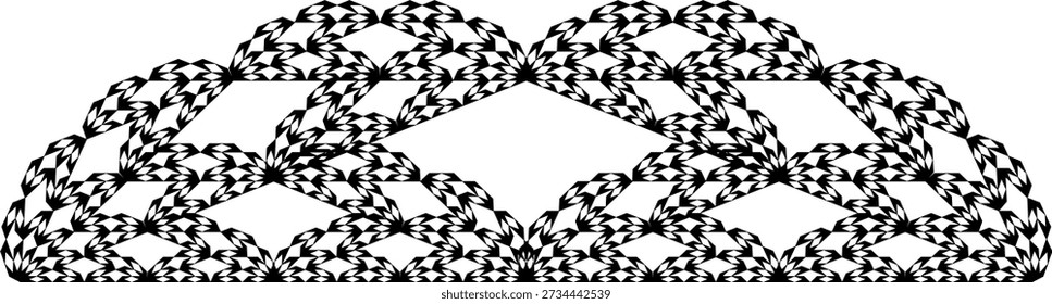 Fractal structure pattern on a white background with seven iterations, formed by black triangles, with an abstract geometric structure, symmetry, uniqueness and self-similarity. Suitable for mathematical, scientific and educational illustration, background design, posters and decoration.
