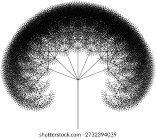 Fractal tree pattern on a white background created from black line segments with an abstract geometric structure, symmetry, uniqueness and self-similarity. Suitable for mathematical, scientific and educational illustration, background design, posters and decoration.