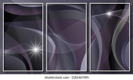 Tríptico fractal en colores oscuros. Líneas onduladas delgadas y entrelazadas, destellos de luz sobre el fondo de formas lisas y rayas superpuestas. Tres imágenes en marcos finos blancos. Vector.