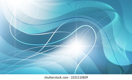 Fractal wallpaper in aquamarine colors. Flashes of light against the background of chaotically overlapping translucent smooth shapes, wavy stripes and lines, mixing colors. Vector.
