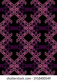 Fractal-inspired background, fractal type Pythagoras tree, shrinking squares connected by their corners, purple patterns on black background, vector design