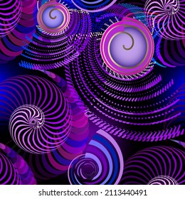 Fractals seamless pattern. Futuristic fantasy ornate vector background. Repeat trendy glowing backdrop in violet blue colors. Spiral shapes, lines. Fractal ornaments. Geometric modern abstract design.