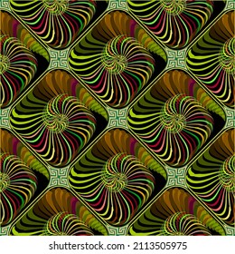 Fractales sin fisuras. Fondo vectorial de formas radiales espirales. Repita el fondo geométrico de moda en colores amarillo verde. Formas espirales, líneas. Resumen de ornamentos fractales brillantes. Clave griega, meandros