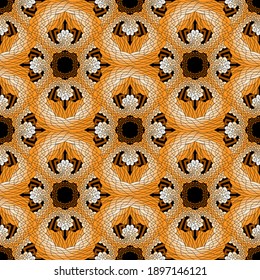 Fractals seamless pattern. Vector ornamental greek background. Modern repeat colorful backdrop. Geometric abstract line art ornaments with greek key, meanders mandalas, shapes, waves, flowers.