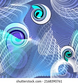Fractals, Spiralen und fließende Linien nahtlose Muster. Trendy abstrakter bunter Hintergrund in blauen Farben. Wiederholen Sie futuristische Vektorhintergründe. Moderne Ornamente mit fließenden Linien, Spiralen, Fraktalen.