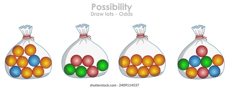 Fraction chance colored balls. Possibility and static. Lots, odds  in bag. Percentiles numbers, visual expression. Conditional possibly. Red blue yellow sphere. Maths lesson illustration vector